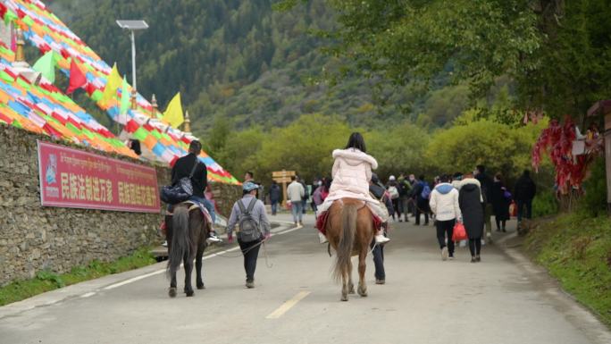 4K四姑娘山长坪沟景区骑马的游客