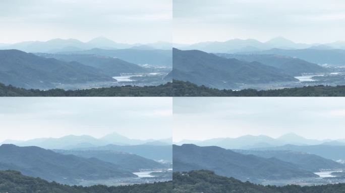 航拍宁海山水天灯寺古塔水墨黛蓝晨雾