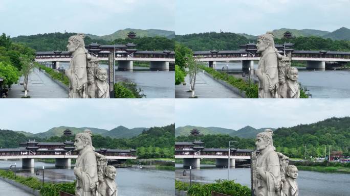 航拍宁海徐霞客公园雕塑雕像石雕石像廊桥