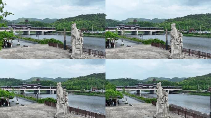 航拍宁海徐霞客公园石像石雕雕塑兴宁廊桥