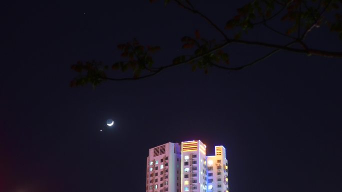 城市夜空金星和月亮