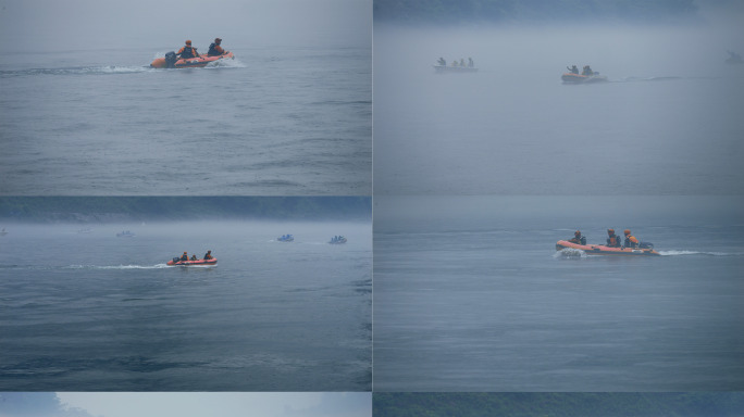 4K_应急救援队大雾大雨冲锋艇水上搜救
