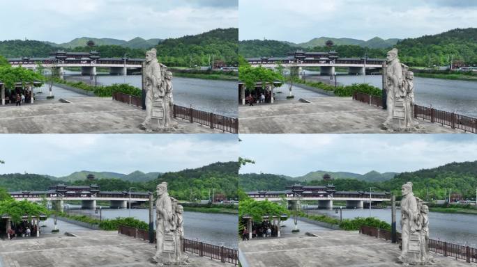 航拍宁海徐霞客公园石雕雕像石像廊桥于飞阁
