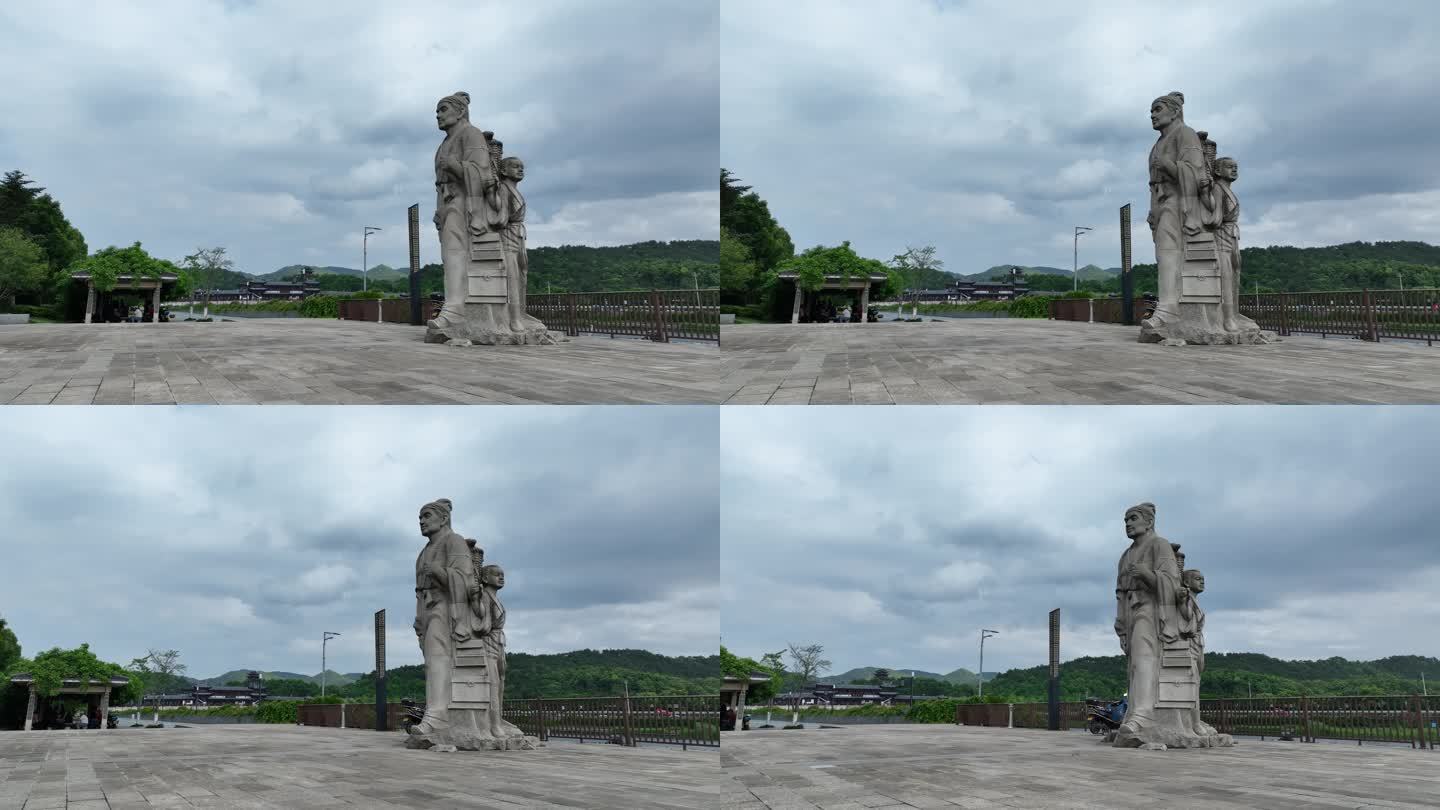 航拍明代名人徐霞客石像石雕雕塑宁海公园