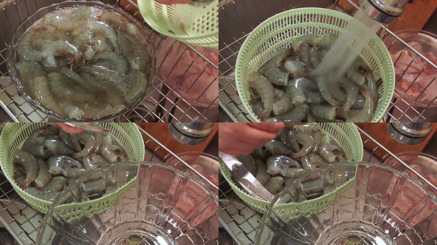 用水冲洗大虾剪虾头虾线 (1)