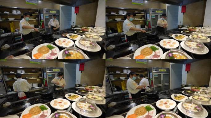 浙江酒店餐厅开放式厨房厨师现场烹饪实拍