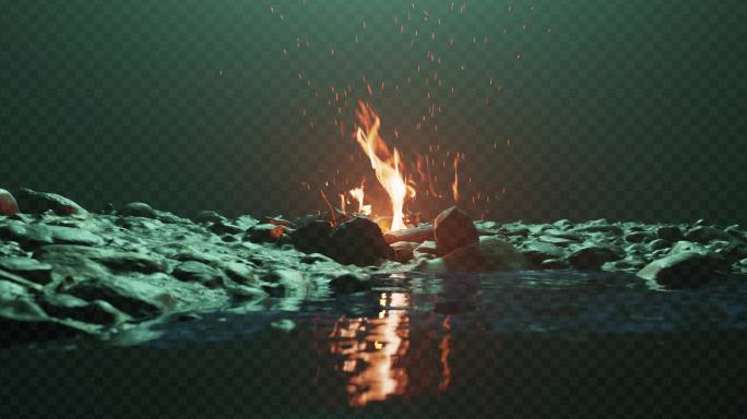 【4K】河边火堆篝火