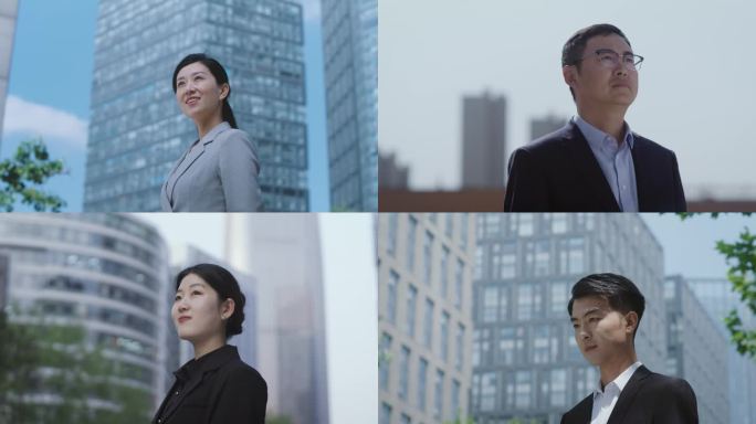 企业宣传商务白领员工微笑抬头仰望写意素材