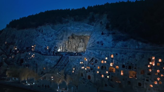 4K洛阳龙门石窟卢舍那大佛夜景航拍合集