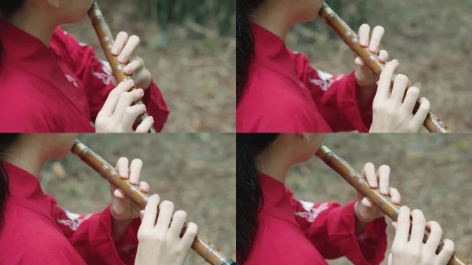 优雅古代女子吹笛子竹林中女子吹笛子