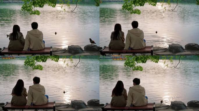 夏天傍晚二人坐在公园湖边