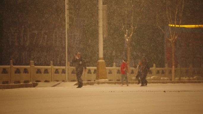 大雪夜晚马路边散步玩雪的行人