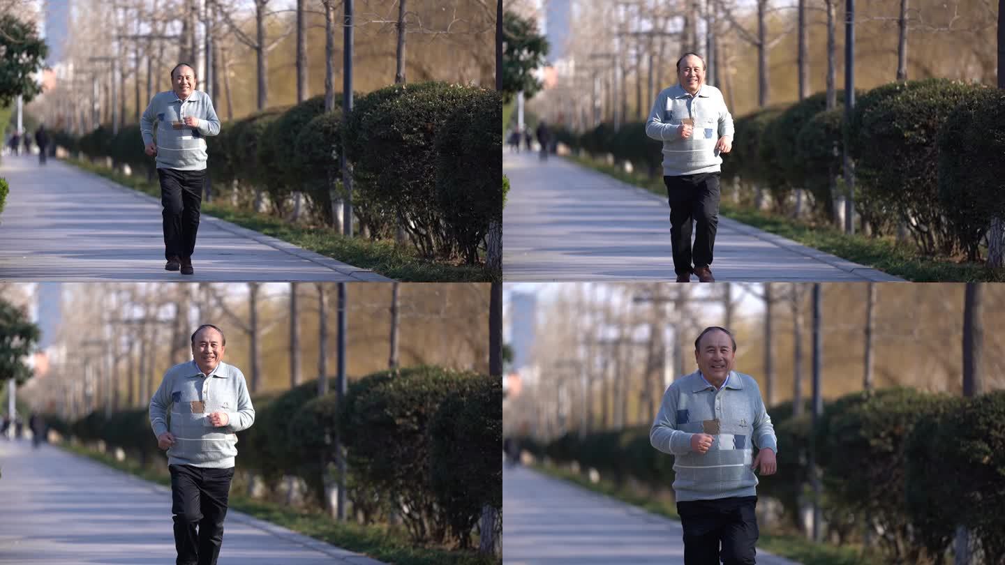 退休老人开心跑步锻炼老年生活