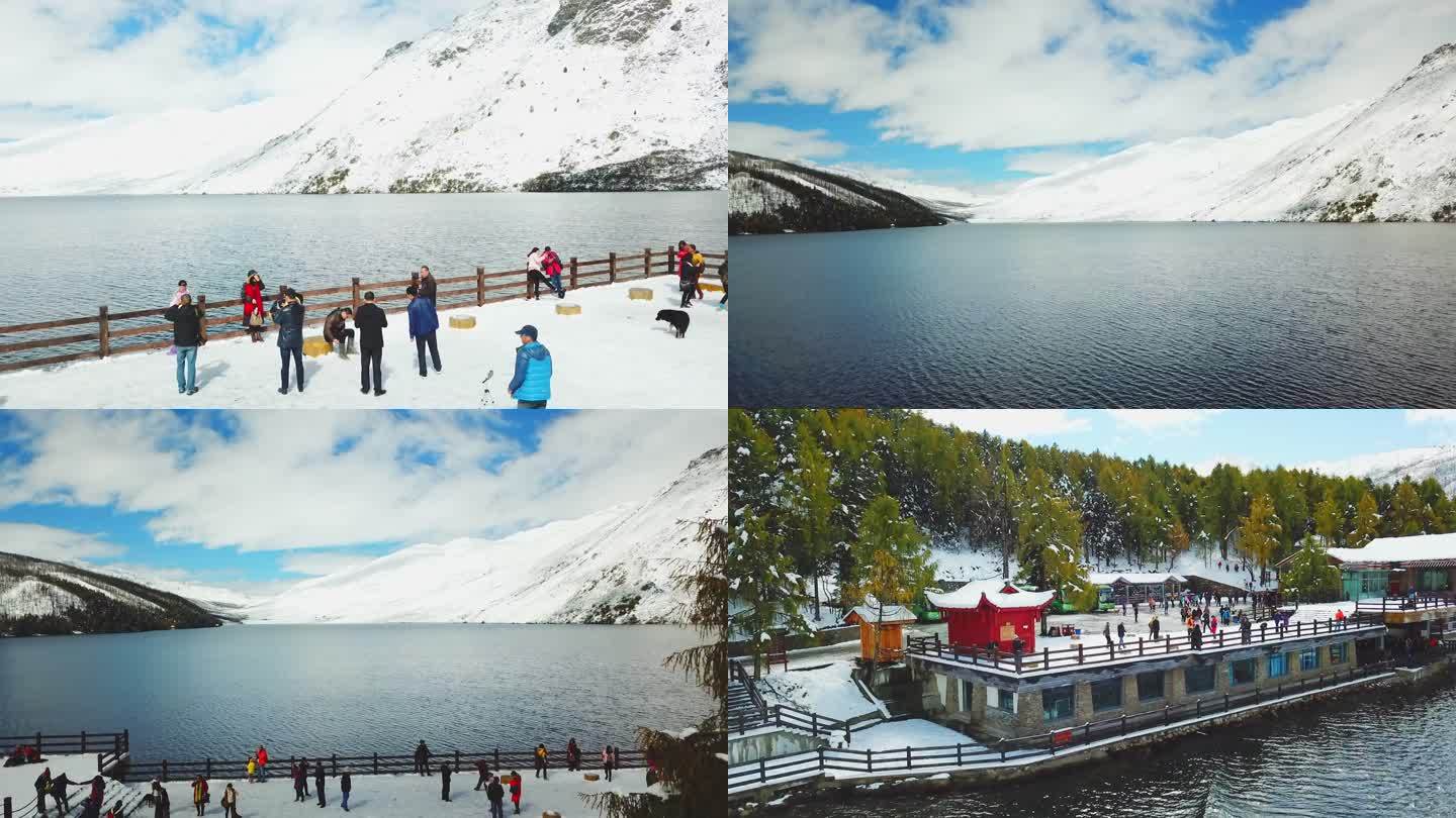 航拍木格措康定情歌风景区游人湖水