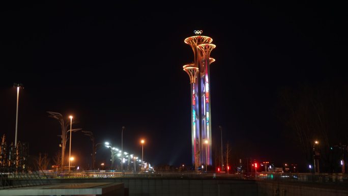 北京冬奥会奥运塔延时素材夜晚灯光秀