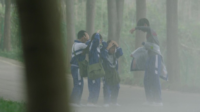 暴雨中的学生