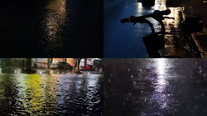 夜晚下雨积水汽车开过积水路段逆光雨点