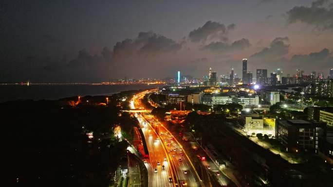 深圳滨河大道车流日落夜景