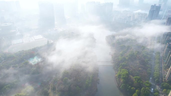 航拍雾景  雾镜里的城市  早上的衡阳