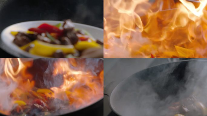 大火候炒菜炒锅有火焰炒肉