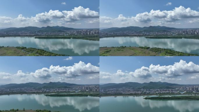 航拍襄阳汉江国家湿地公园城市风光自然风景