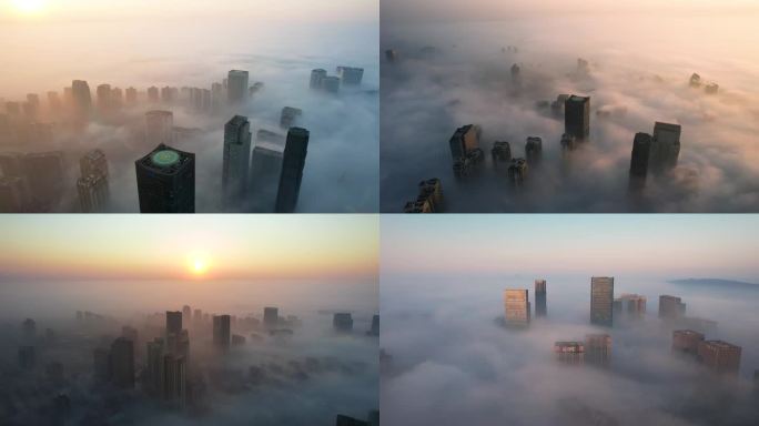 航拍杭州临平超级平流雾