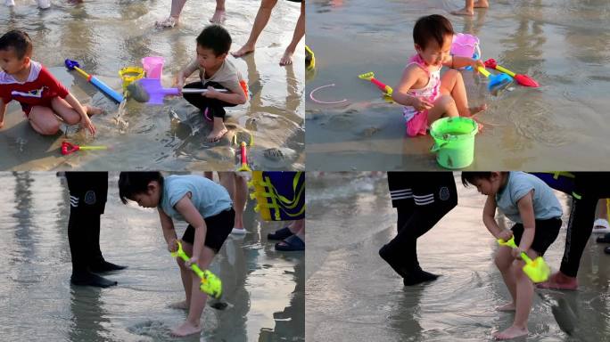 儿童海边玩泥沙慢动作视频