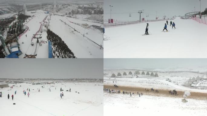冬季滑雪踢足球赛马航拍