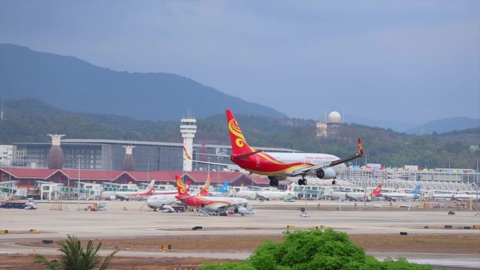 海南航空客机降落三亚凤凰机场长焦慢动作