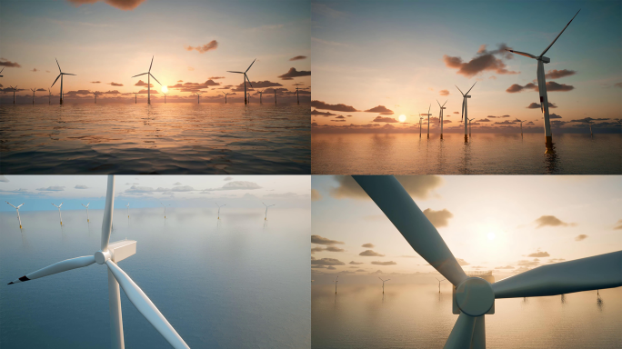 4k三维6组海上风力发电机4k素材