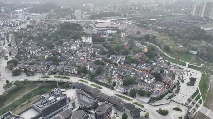 重庆磁器口古镇航拍磁器口正街古镇俯拍风景