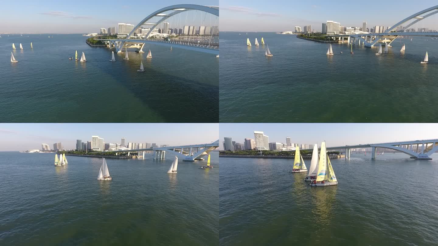 厦门国际游艇汇五缘湾码头游艇帆船航拍大桥