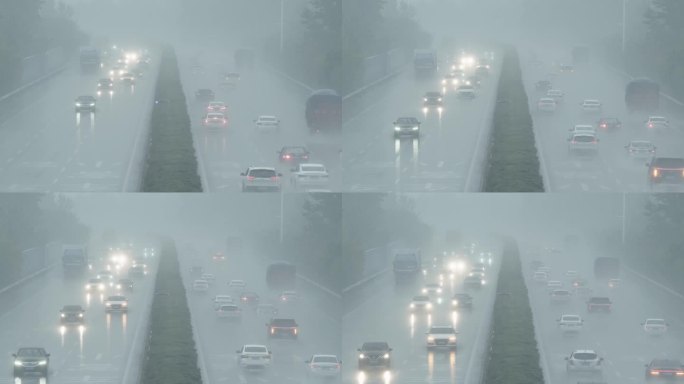 下着大雨的高速公路上行驶的车辆