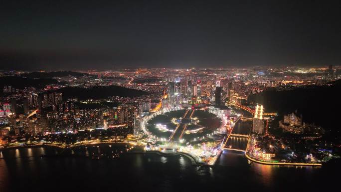 城市繁华夜景 大连星海湾夜景航拍