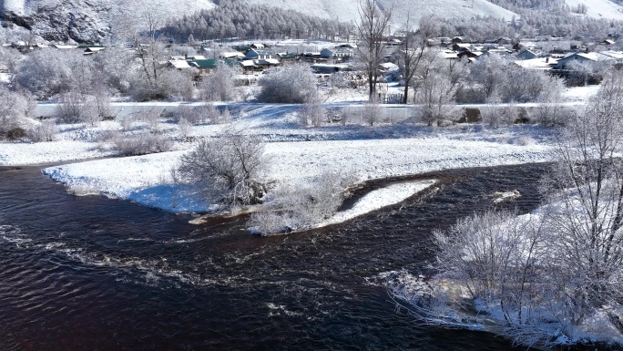 航拍早春大兴安岭雪村