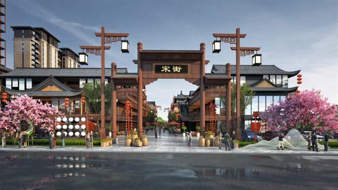 仿古商业街入口牌坊三维效果