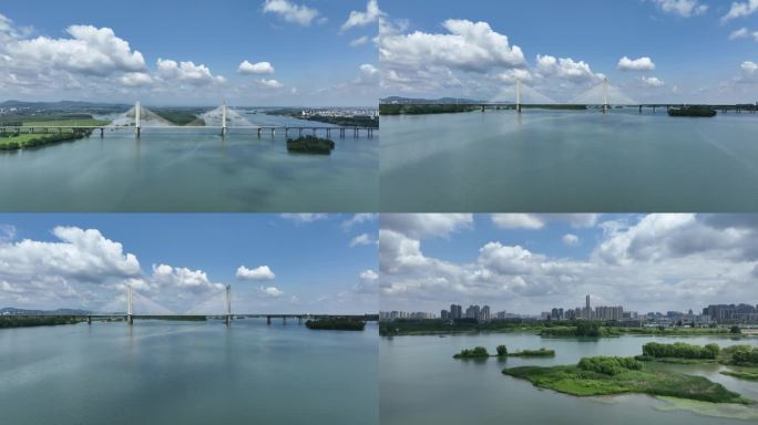航拍襄阳汉江国家湿地公园城市风光自然风景