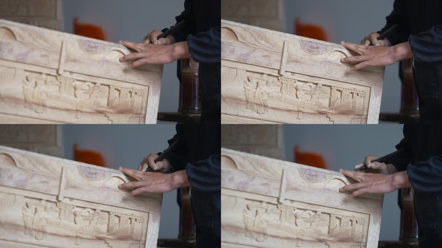 传统木雕匠人雕刻樟木箱子实拍原素材