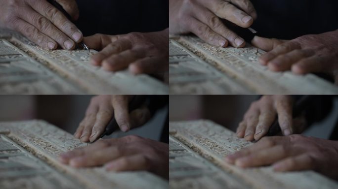 传统木雕工匠手拿刻刀雕刻实拍特写原素材