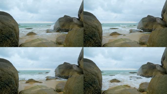 阴天海边岩石礁石浪花 大海岸边石头海浪