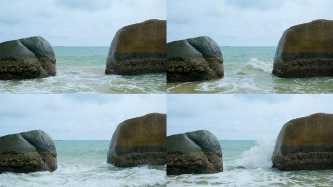 阴天海边岩石礁石浪花 大海岸边石头海浪