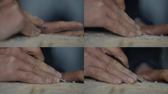 传统木雕工匠手拿刻刀雕刻特写实拍原素材
