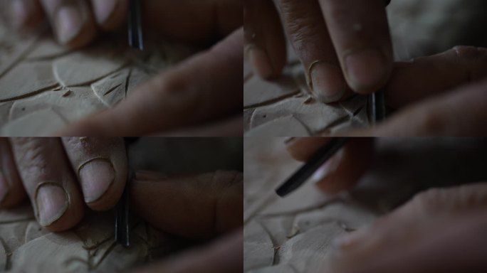 传统木雕手艺人手拿刻刀雕刻特写实拍原素材