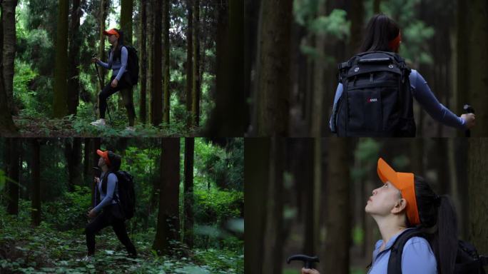 背包客探索自然女孩森林徒步户外呼吸旅行脚