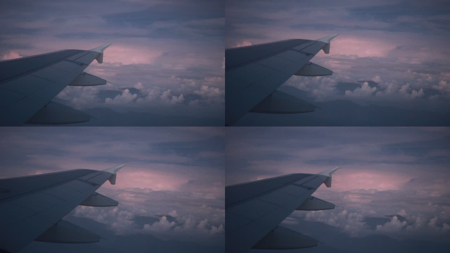 飞机飞行中，风暴前天空闪雷，氛围感情绪感