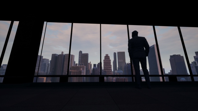 商务背影男人窗前俯瞰眺望城市