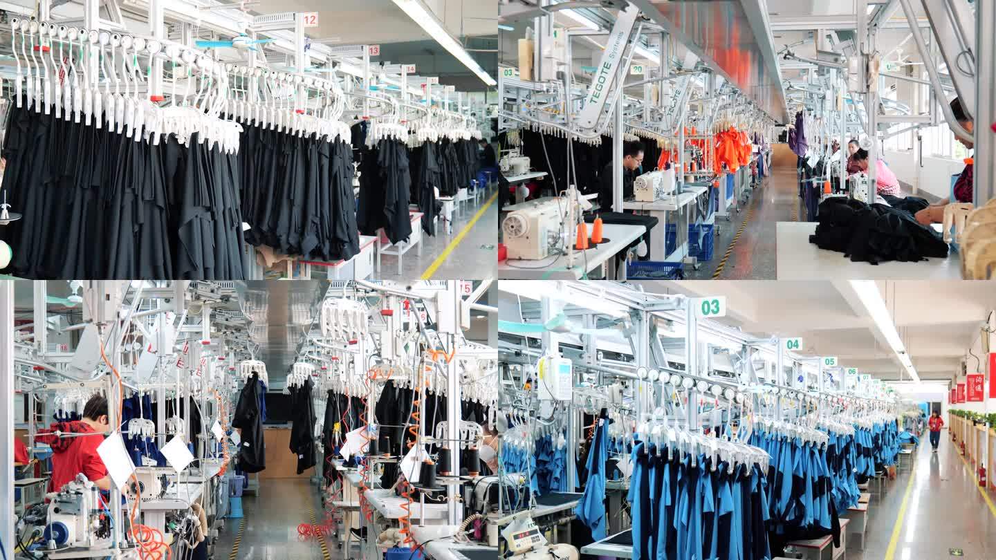 服装厂吊挂系统服装生产车间工人在缝制衣服
