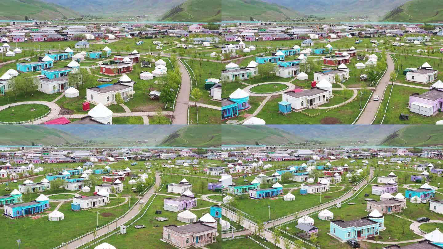 航拍新疆新源县那拉提哈萨克第一村风光