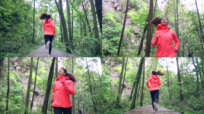 清晨美女在森林里跑步-运动健身