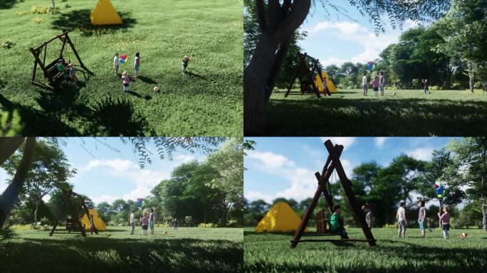 儿童公园草地露营玩耍活动